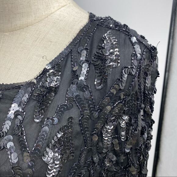 Vintage 80's black silk/bead/sequin midi shift dress shark tooth hem size Medium - Picture 4 of 13